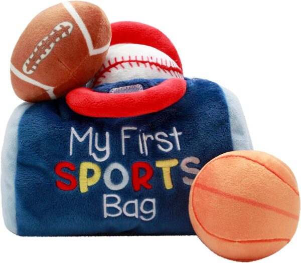 4 Piece Plush My First Sport Bag Play Set with Sensory Toy Balls for Baby, Blue All Sports, 6 inch, Basketball, Baseball, Football (1)