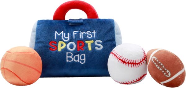 4 Piece Plush My First Sport Bag Play Set with Sensory Toy Balls for Baby, Blue All Sports, 6 inch, Basketball, Baseball, Football (2)