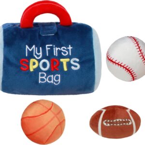 4 Piece Plush My First Sport Bag Play Set with Sensory Toy Balls for Baby, Blue All Sports, 6 inch, Basketball, Baseball, Football (3)